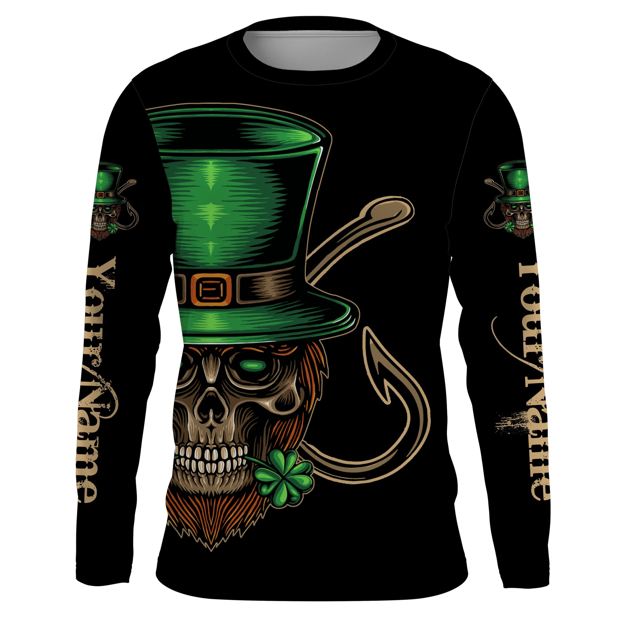 Personalized Happy St Patrick's Day Skull Fish Hook Long Sleeve Fishing Shirts, St Paddy's Day Fishing Gifts, Fishing Long Sleeve Shirts - Wonder Print Shop