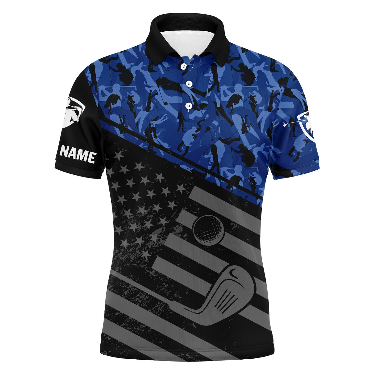 Men's golf polo shirt, blue camo with black collar, patriotic flag graphic, NAME on sleeve