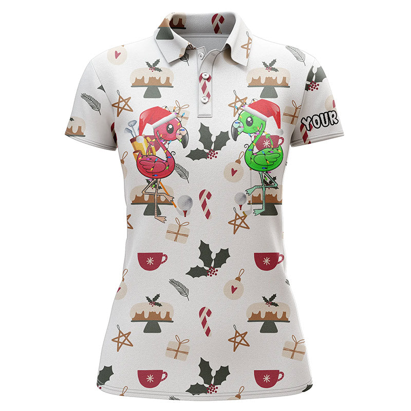 Women’s golf polo shirt, white with colorful holiday flamingo and reindeer prints
