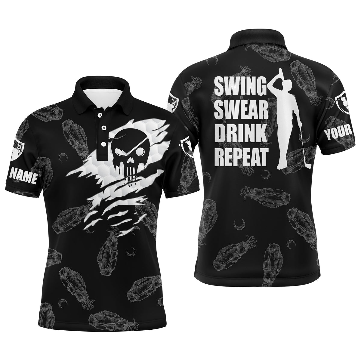 Black golf polo shirt with golf-club pattern and 'SWING SWEAR DRINK REPEAT' back print