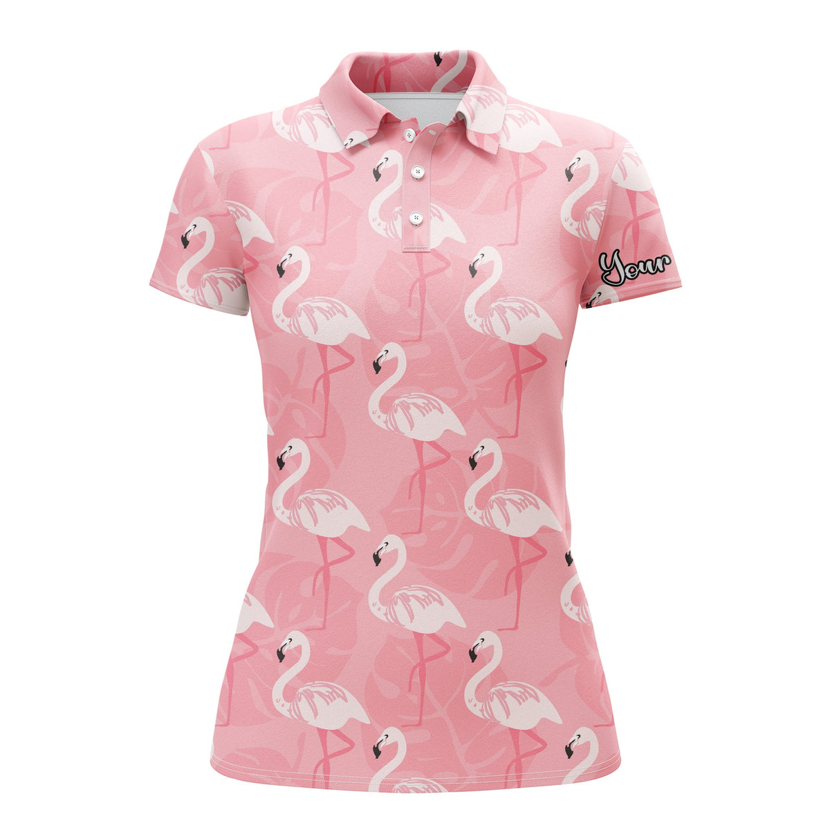 Pink flamingo polo shirt with button placket, short sleeves, and 'Your' chest graphic