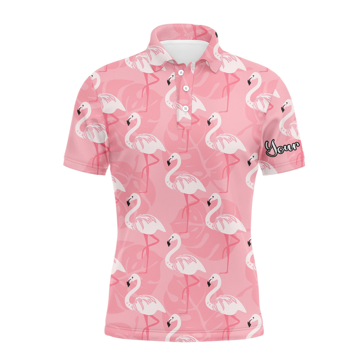 Pink flamingo patterned polo with button placket, short sleeves, white collar, Your name