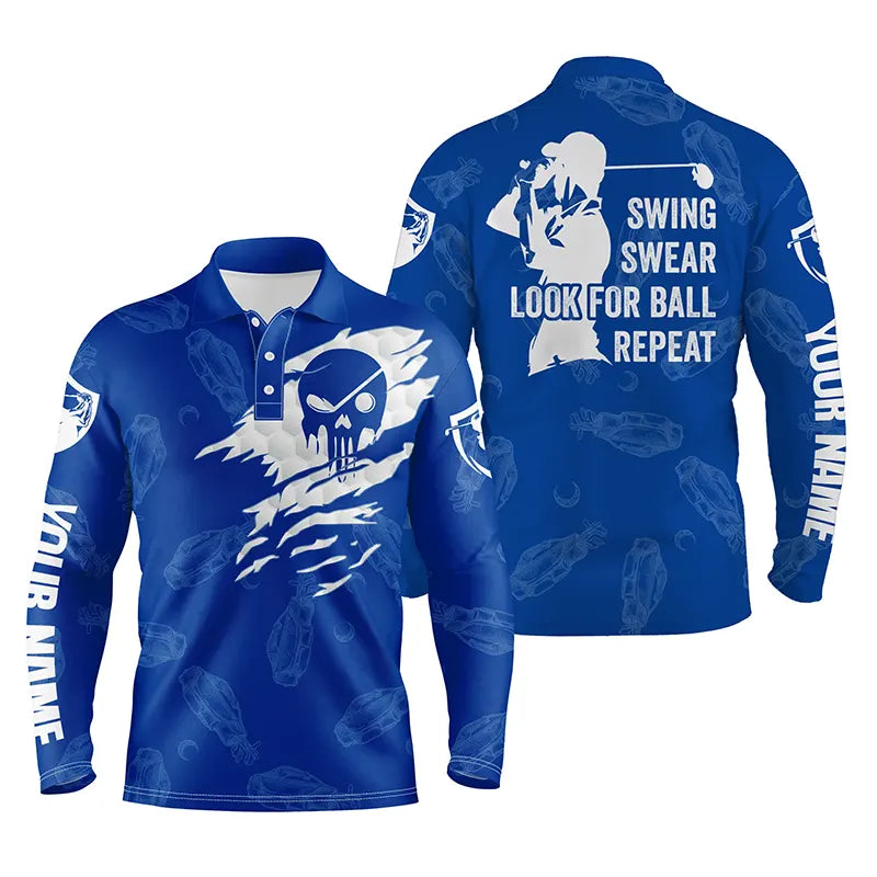 Blue long-sleeve golf polo shirt with skull graphic and swing look for ball text