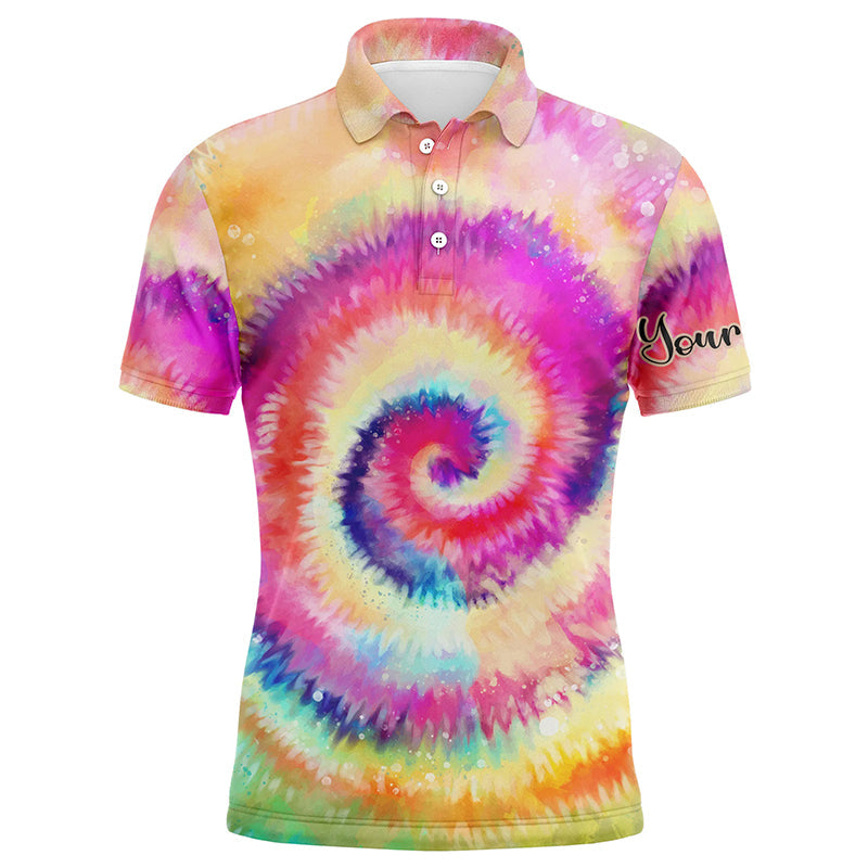 Mens Golf Polo Shirt Rainbow Tie Dye Background Custom Name Golf Shirt, Golfing Gift - Wonder Print Shop