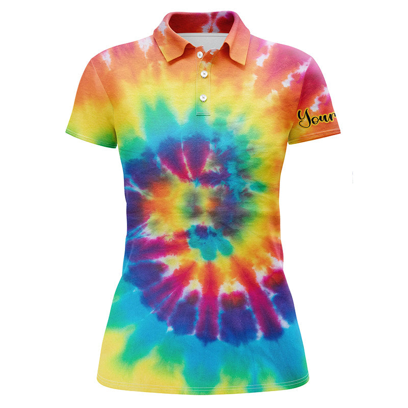 Women's golf polo shirt, multicolor tie-dye pattern, short sleeves, button collar