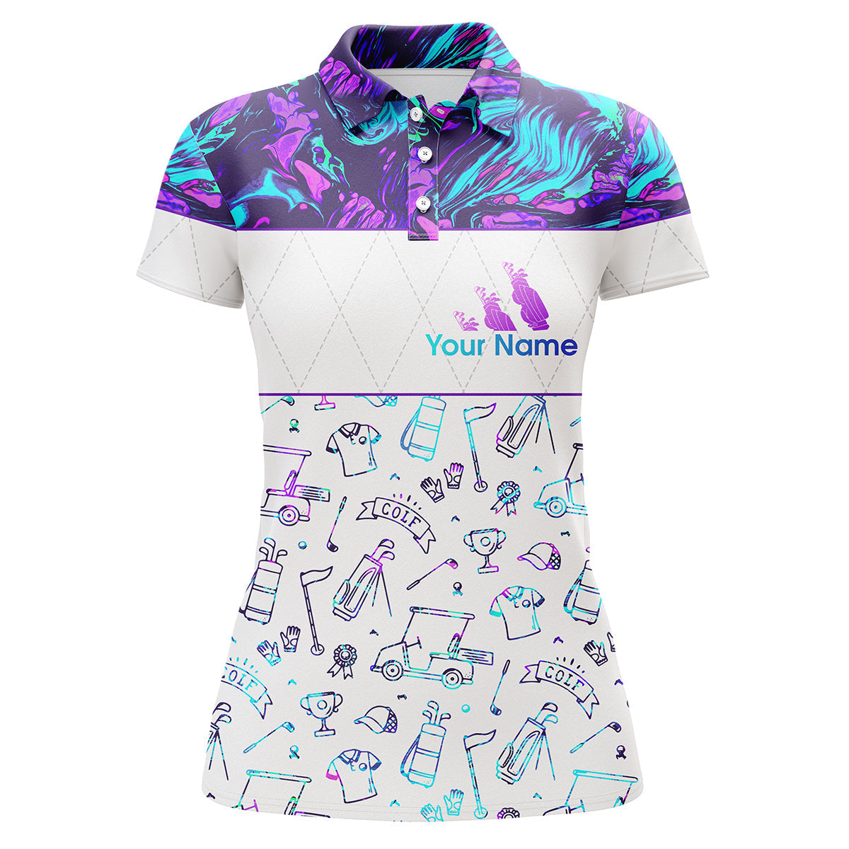 Women’s golf polo shirt with white base and colorful golf icon print, button collar