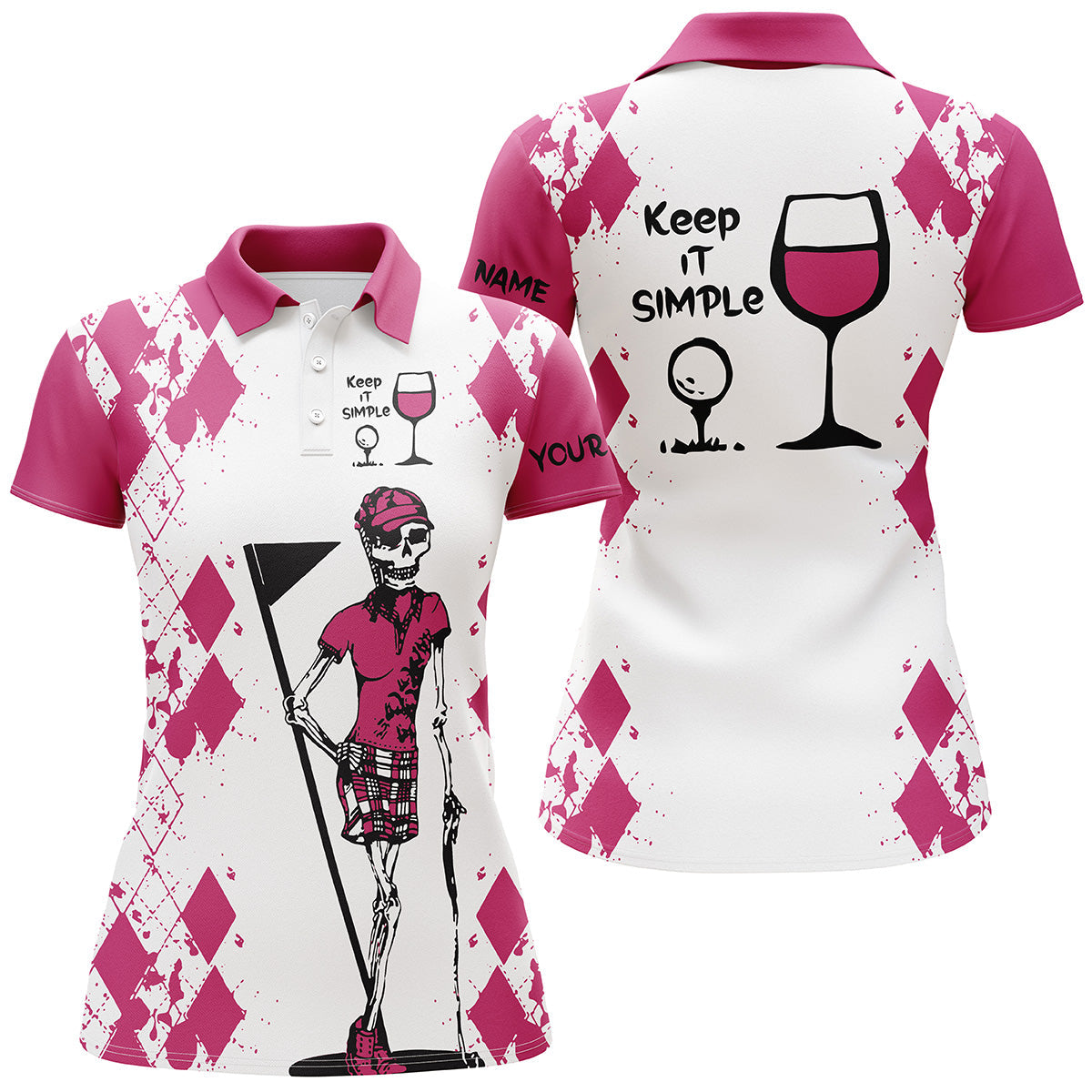 Women's golf polo shirt, white with pink collar and skull 'Keep It Simple' print