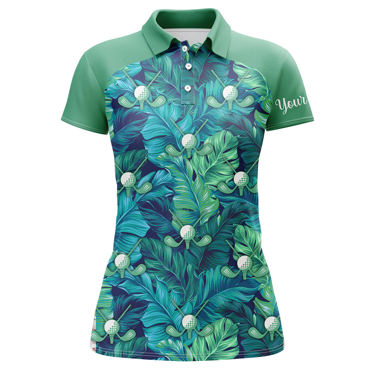 Women Golf Polo Shirt Green Tropical Leaves Custom Name Green Golf Polo Shirt, Golfing Gift - Wonder Print Shop