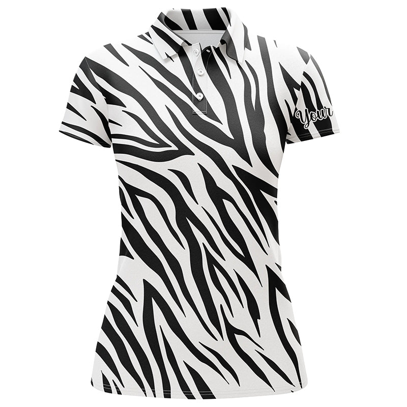 Zebra-print womens golf polo shirt in black and white with button collar