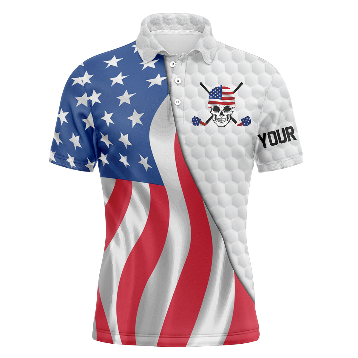 Men's golf polo shirt with American flag print, blue star panel and red stripes