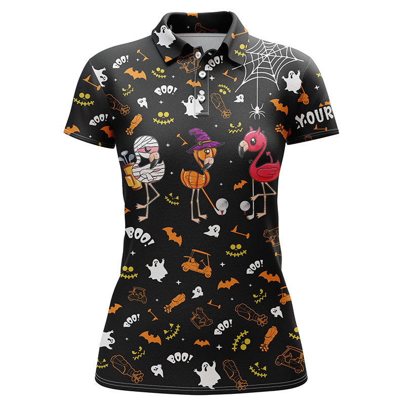 Women's golf polo shirt with black Halloween print, orange trim, short sleeves