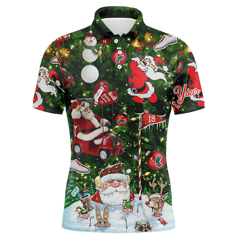 Men's Christmas golf polo, dark green with Santa, golf ball and club print, short sleeves