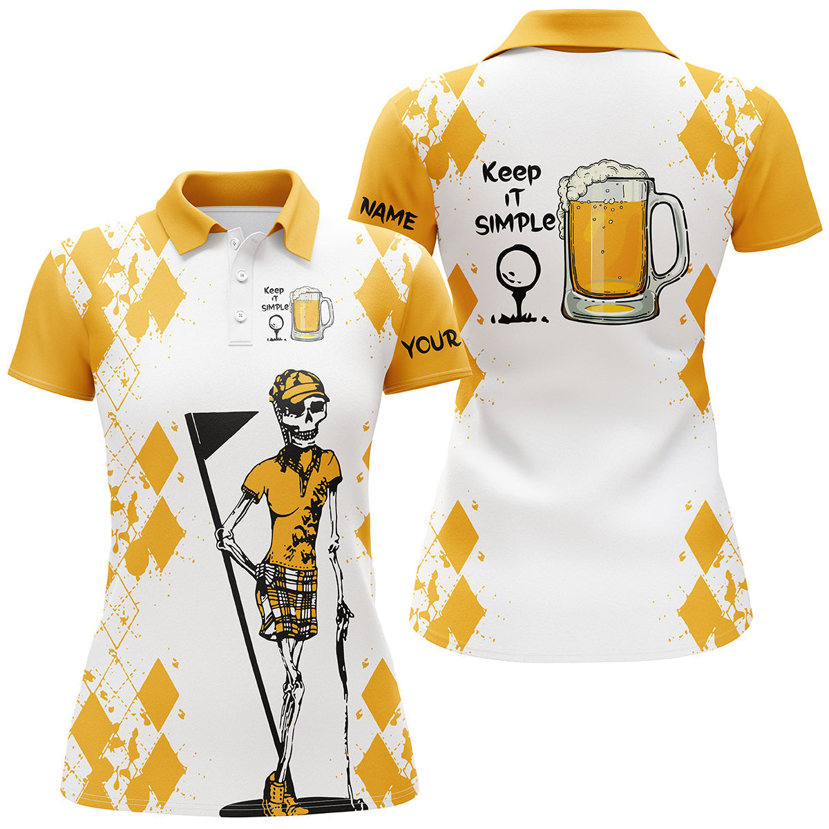 Women's golf polo shirt in white with yellow trim, skull and beer mug graphic