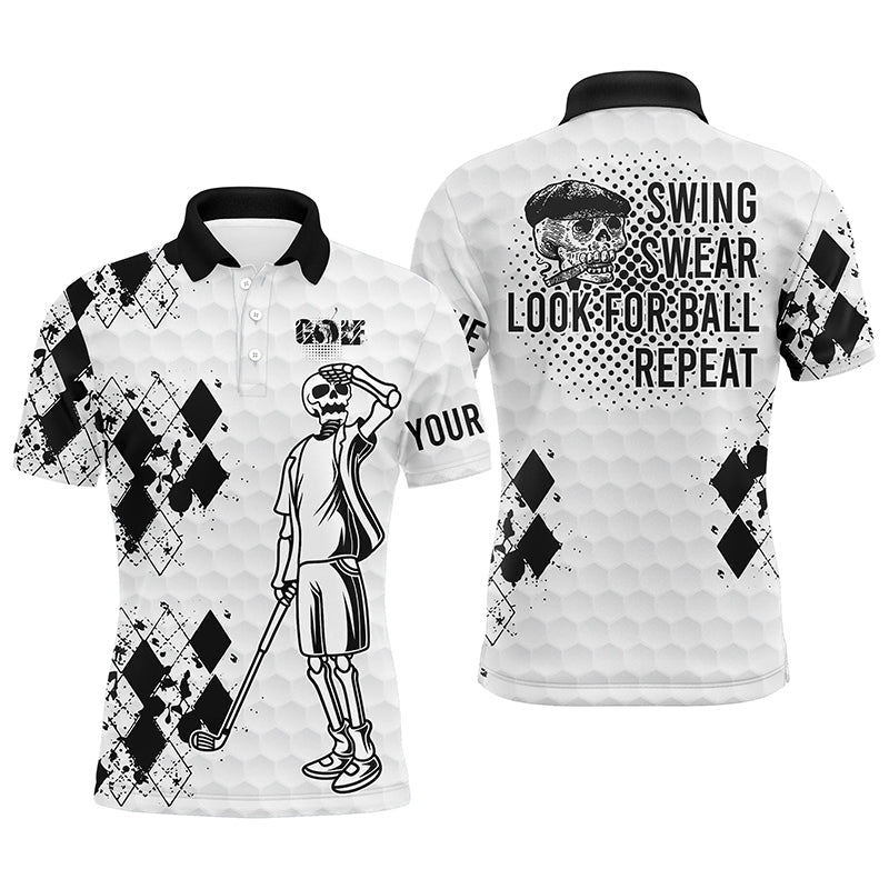 Black-and-white golf polo shirt with skull graphic, argyle pattern, and short sleeves