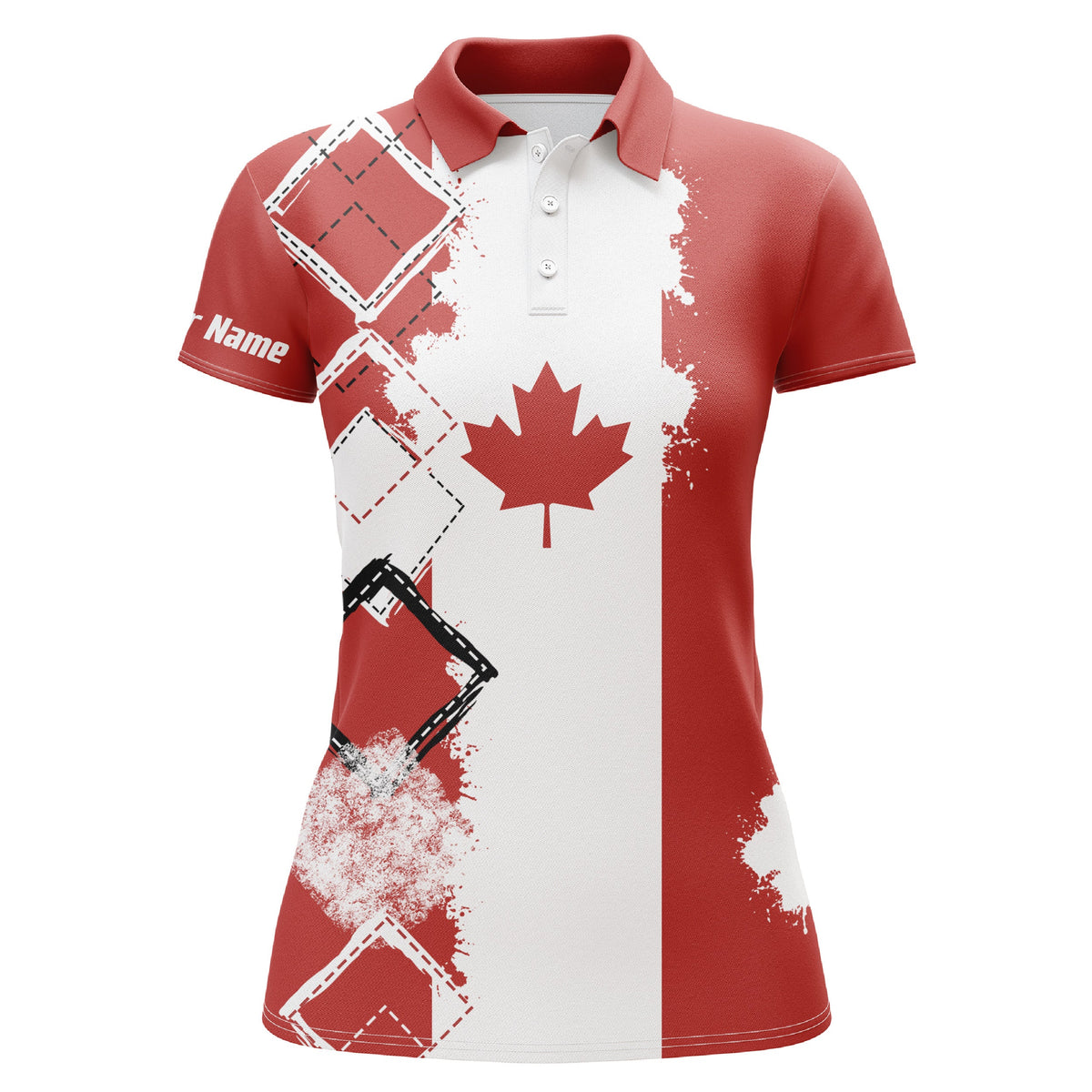 Women's golf polo shirt with red and white Canada flag graphic, button placket