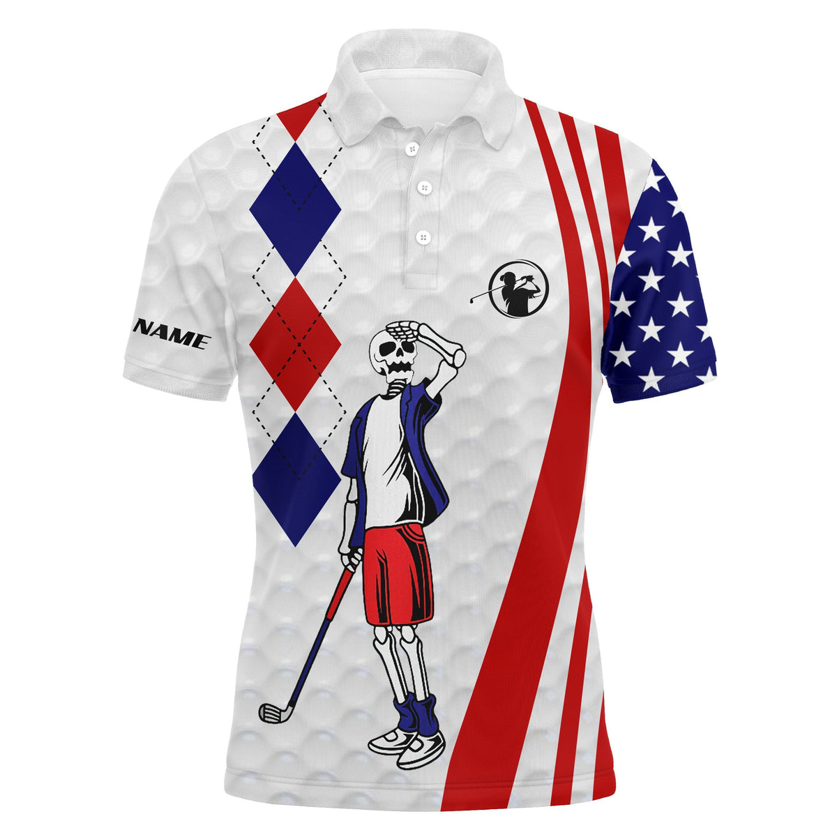 Patriotic golf polo shirt with white base, red stripes, blue star sleeve, skull graphic