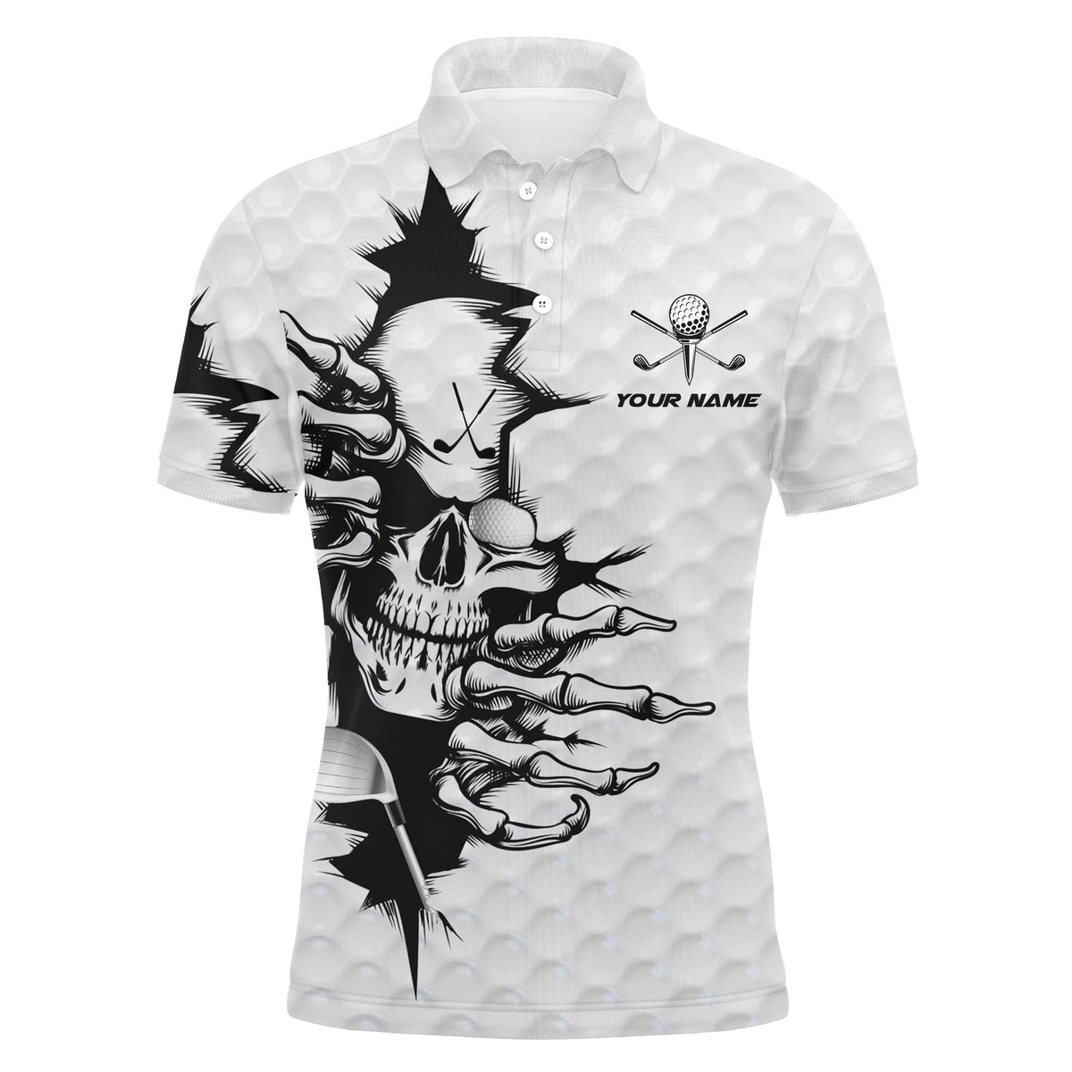 Men's white polo shirt with black skull and golf ball graphic, short sleeves