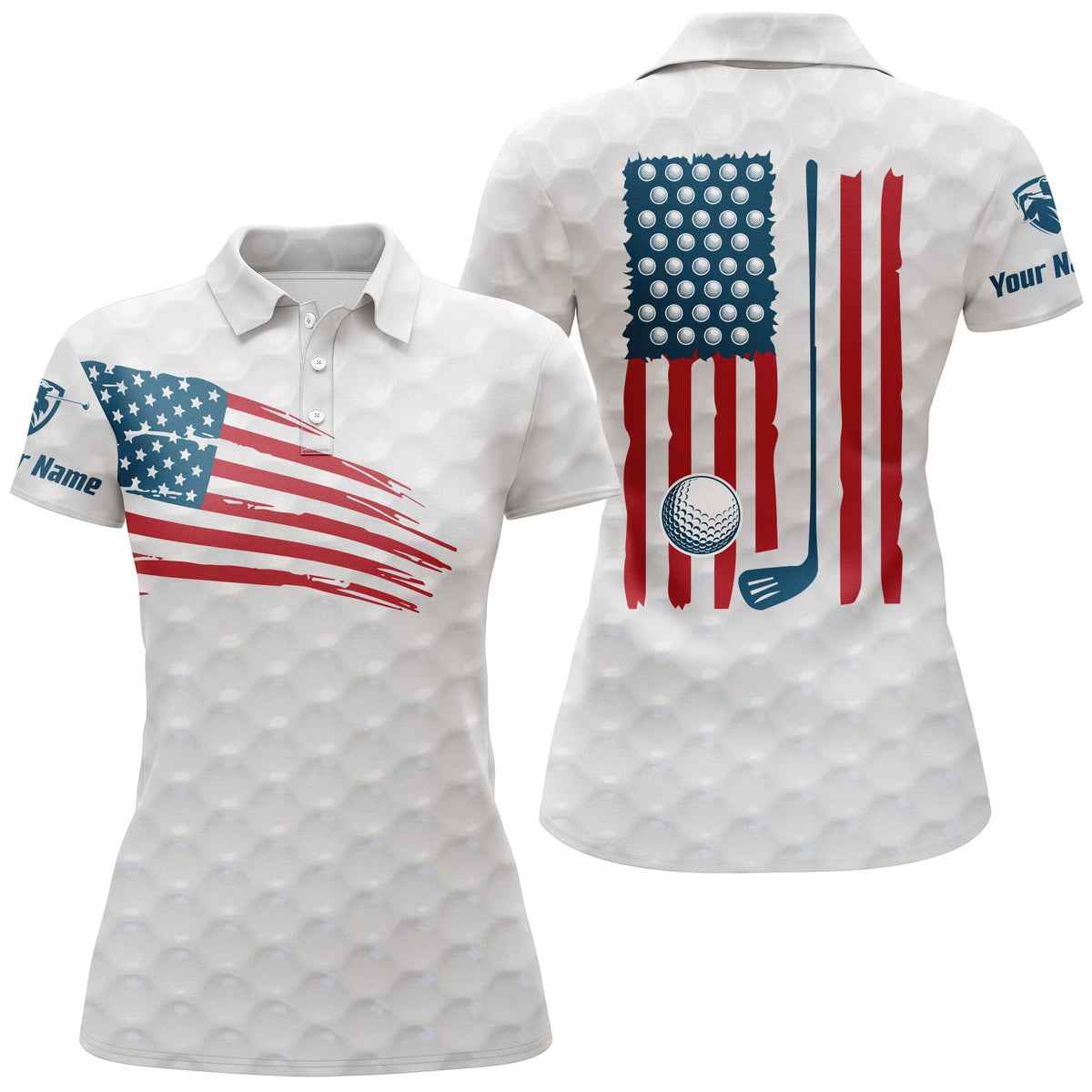 White women’s golf polo shirt with patriotic American flag and golf ball graphic, short sleeves