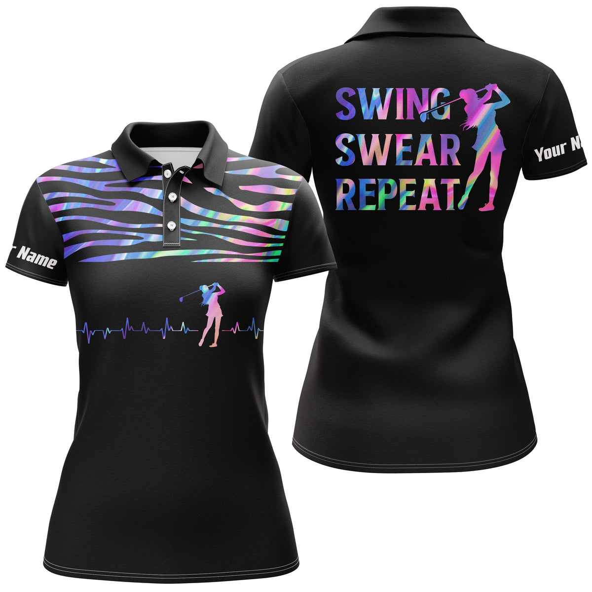 Black womens golf polo with holographic striped front and golfer heartbeat graphic