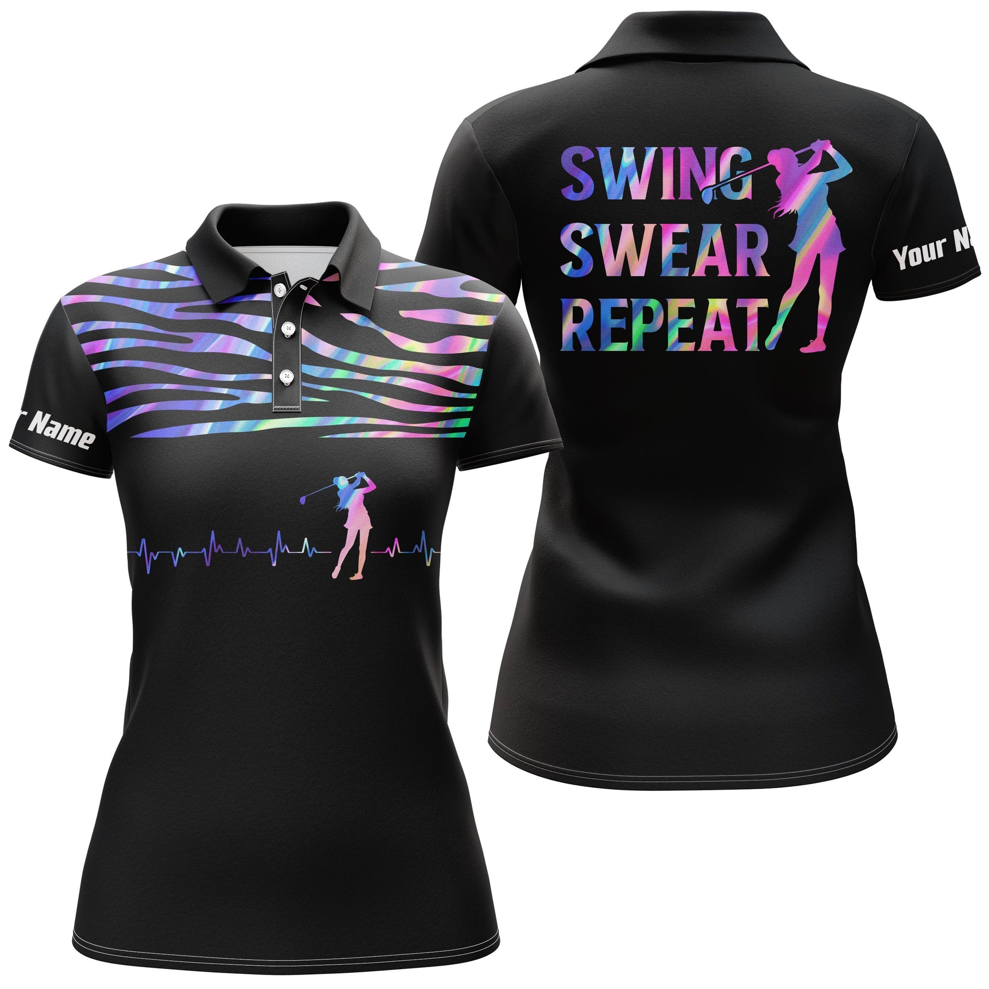 Womens Golf Polo Shirt Golf Heart Beat Hologram Custom Name Swing Swear Repeat Black Golf Shirt - Wonder Print Shop