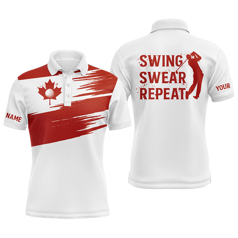 Men's white golf polo with red Canadian flag stripe; SWING SWEAR REPEAT back print