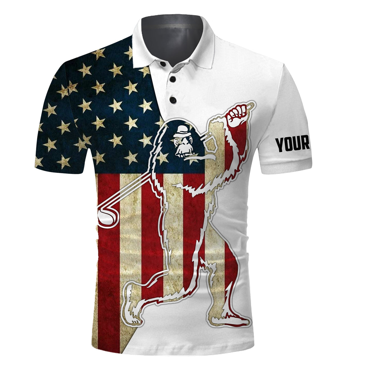 Patriotic golf polo shirt with white base and star-spangled flag print, Bigfoot graphic