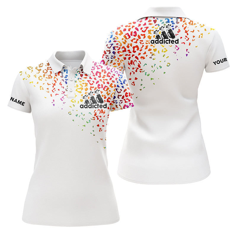 Women’s golf polo shirt, white with watercolor leopard print and buttoned collar
