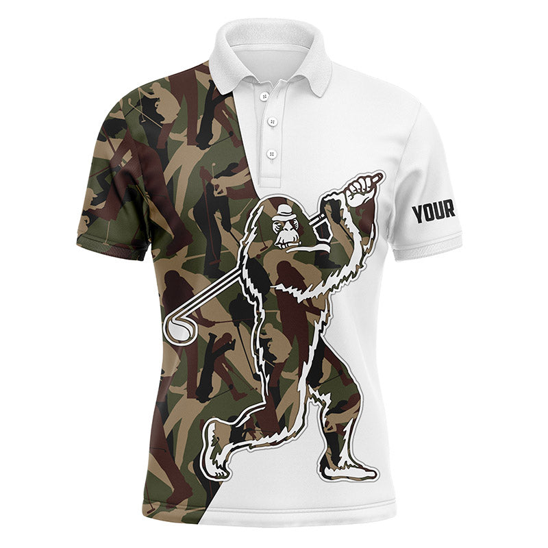 White golf polo shirt with button placket, camo sleeves, and Sasquatch-style golf graphic