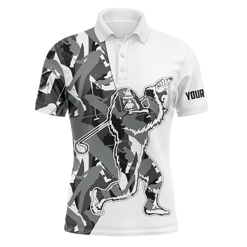 Golf polo shirt with gray camo sleeves and Bigfoot graphic, white base