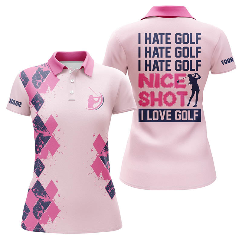 Light pink women's golf polo with pink collar, button placket, and argyle golf graphic on back.