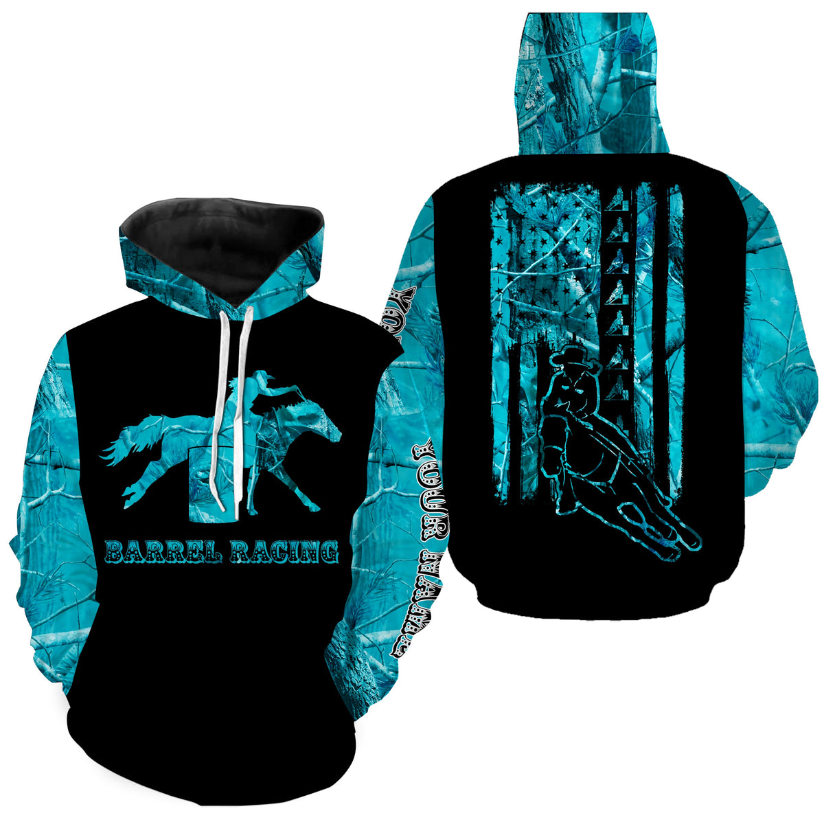 Blue camo pullover hoodie with horse rider and Barrel Racing text; star back print