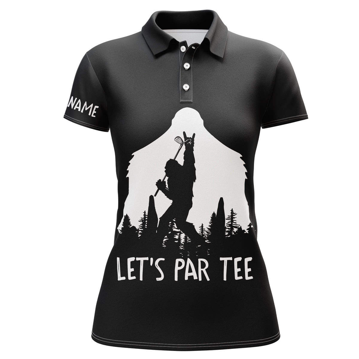 Women’s black golf polo with Bigfoot graphic and “LET’S PAR TEE” front text