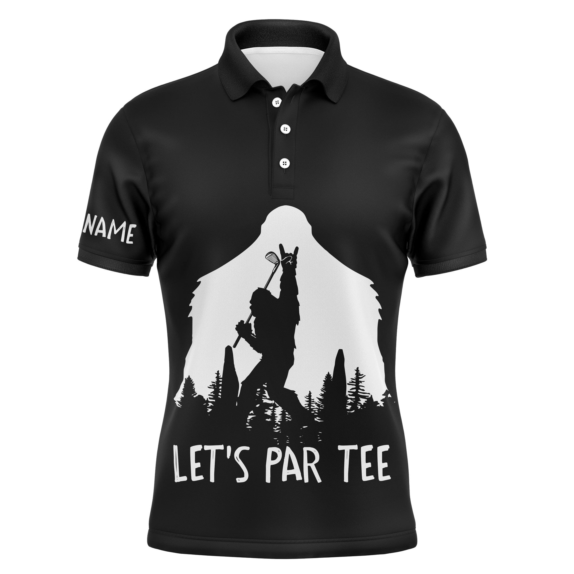 Funny Bigfoot Golf Shirts Mens Golf Polo Lets Par Tee Custom Name Black Golf Shirt - Wonder Print Shop