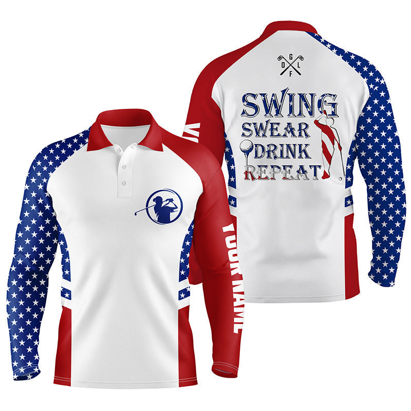 White golf polo with red collar, American flag sleeves, and 'Swing' graphic text