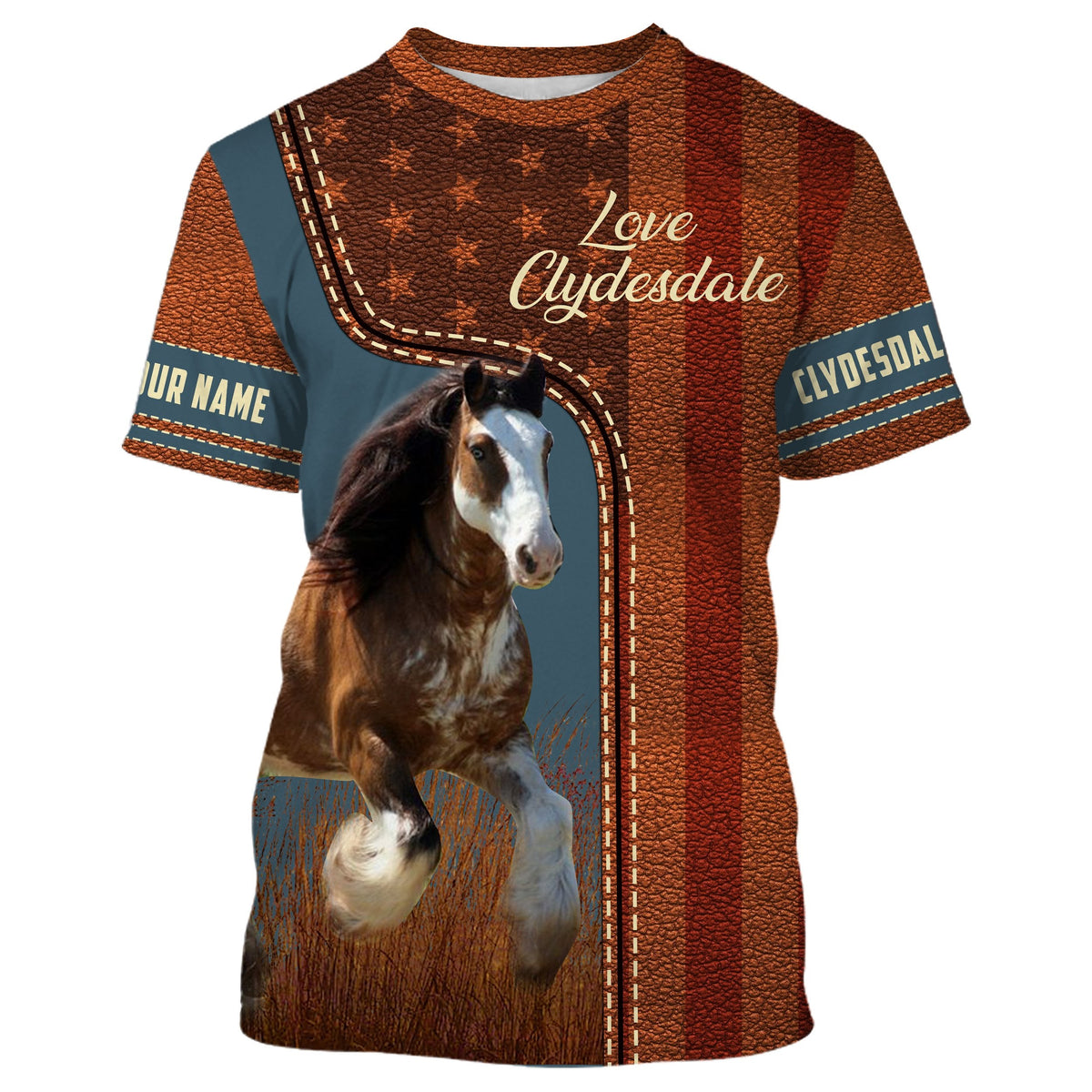 Clydesdale horse all-over print T-shirt, brown and blue with horse portrait