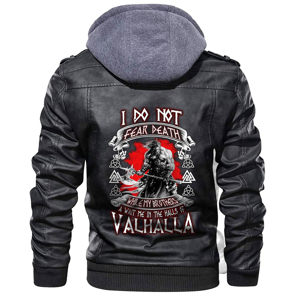 Black leather jacket hoodie with Viking back graphic and red “Valhalla” text