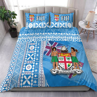Blue Fiji-themed bedding set with patterned geometric blocks and illustrated shield
