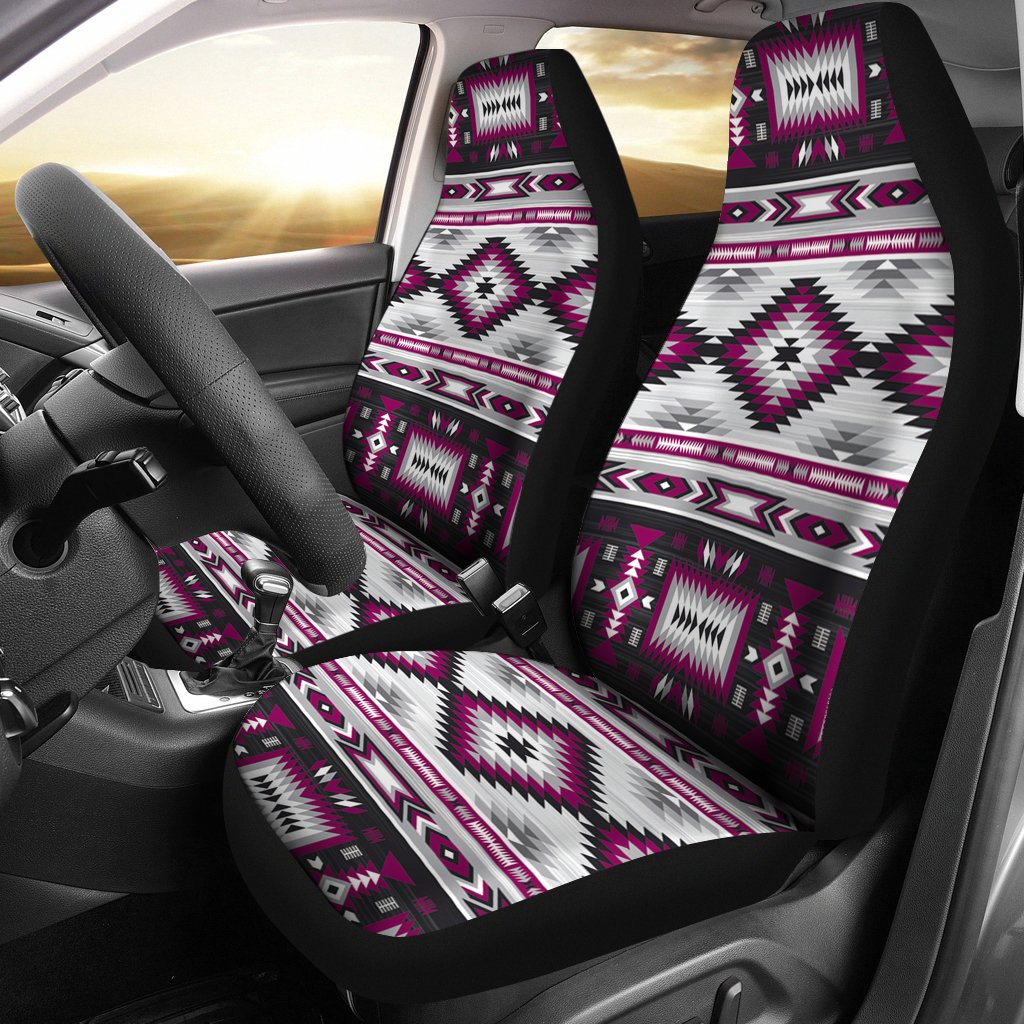 Purple/white/magenta geometric pattern car seat covers with black edging
