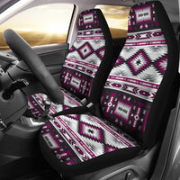 Purple/white/magenta geometric pattern car seat covers with black edging