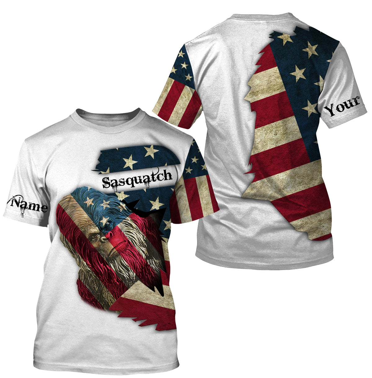 All-over printed camping shirt, white with American flag and bigfoot graphic, custom text.