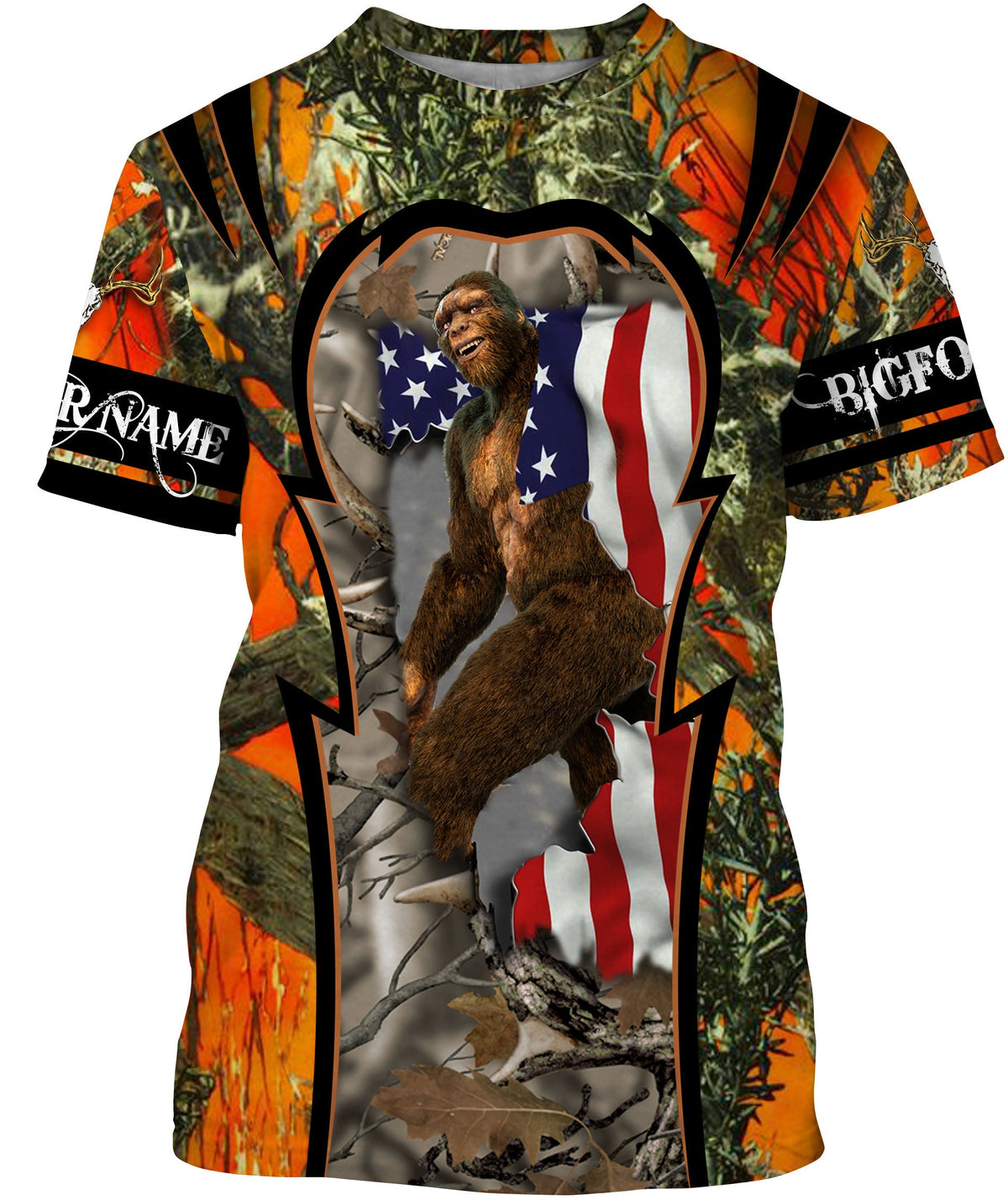 Orange camo short-sleeve T-shirt with Bigfoot and American flag graphic