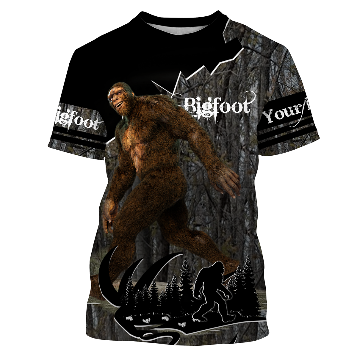 Black camping T-shirt with front Bigfoot graphic, pine trees and rider outline