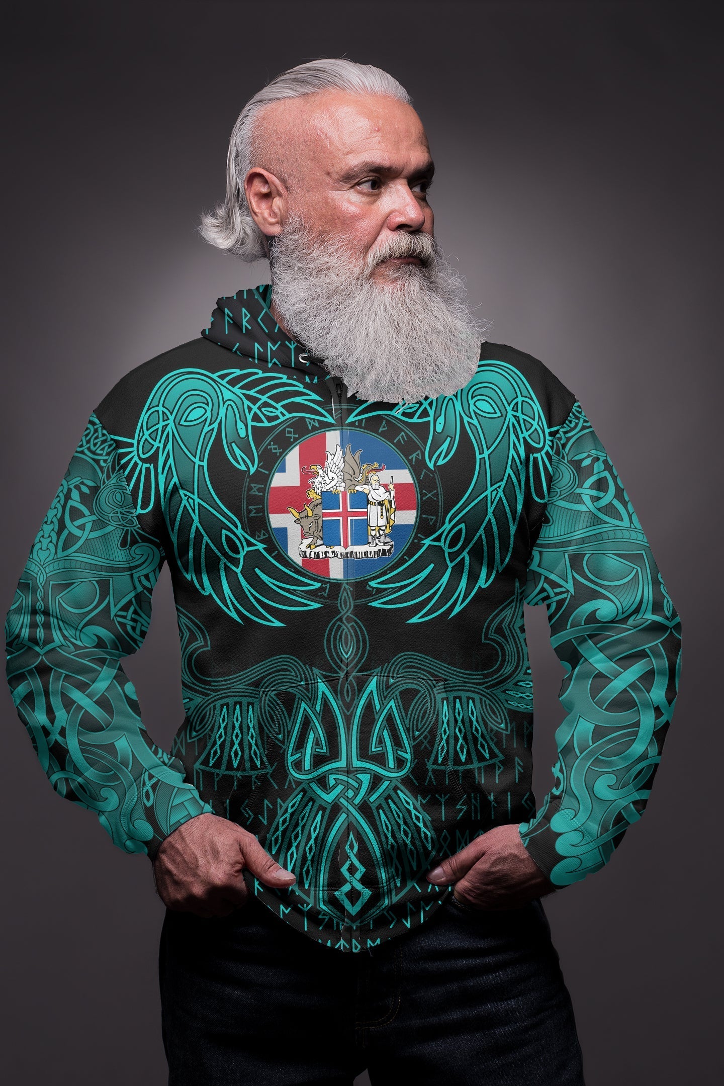 Viking Iceland Zip Hoodie Valknut of Odin Cyan RLT12 - Wonder Print Shop