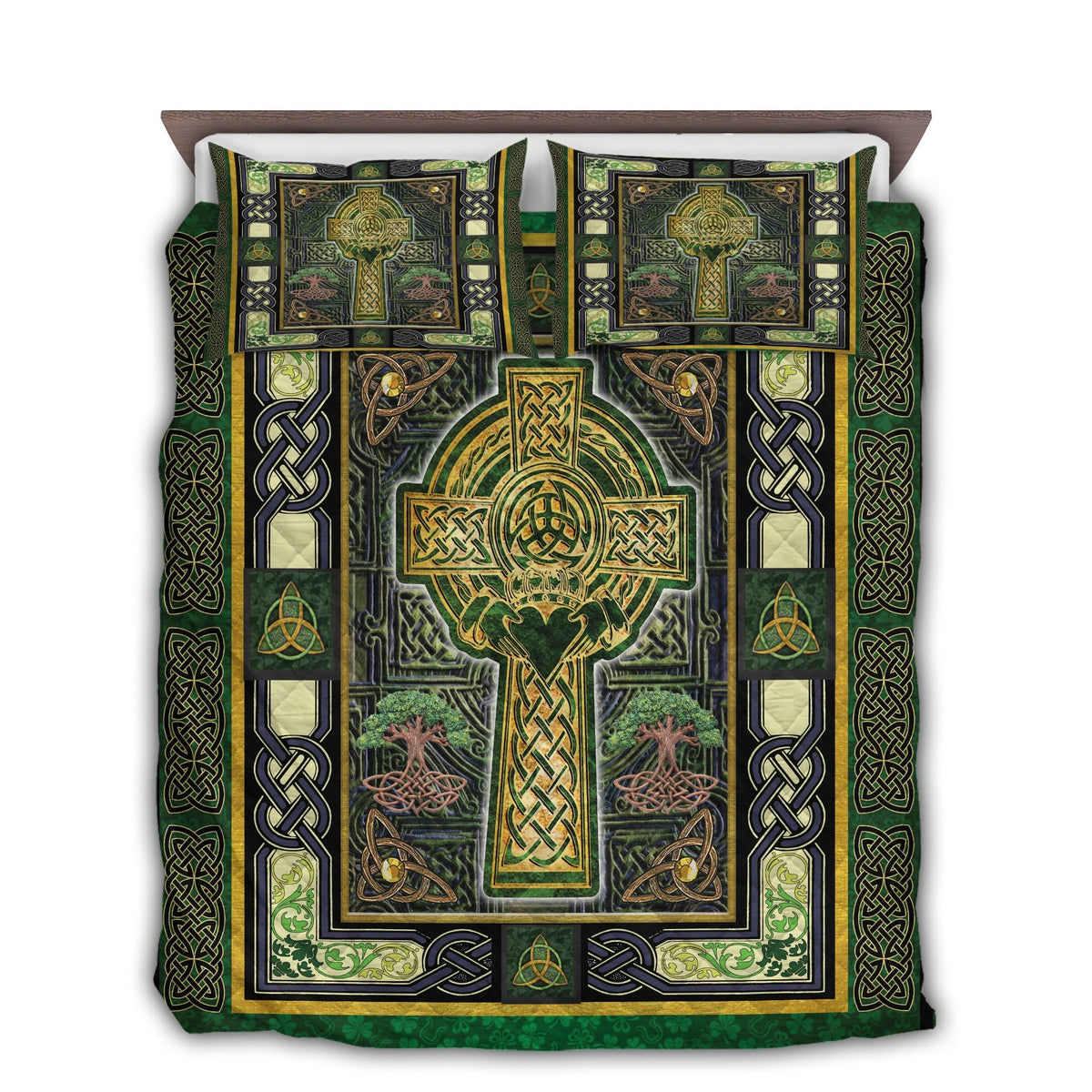 Quilt bed set with Celtic cross and love tree motif, green and gold