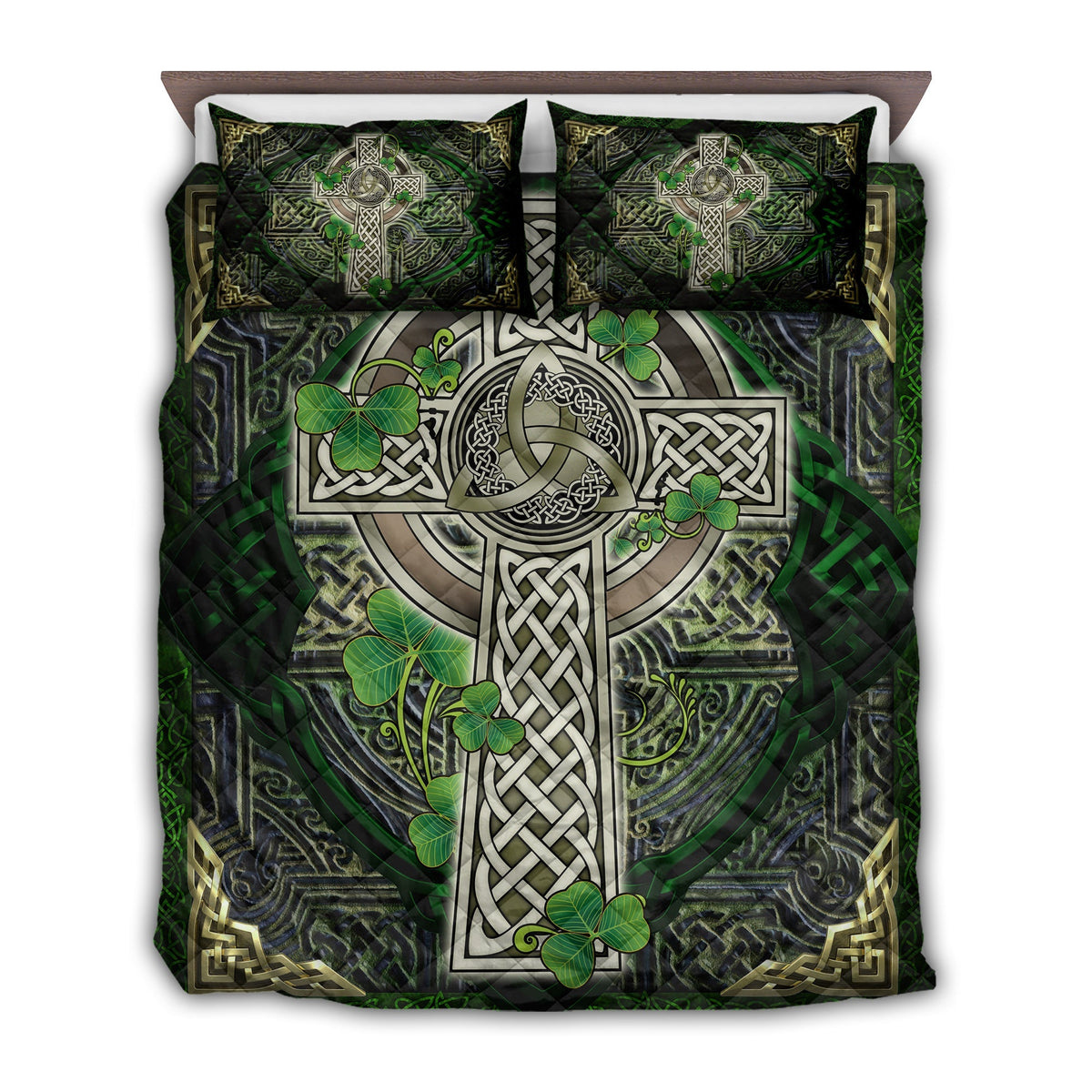 Quilt bed set with Celtic cross and shamrocks in green, gray, and white, two pillows