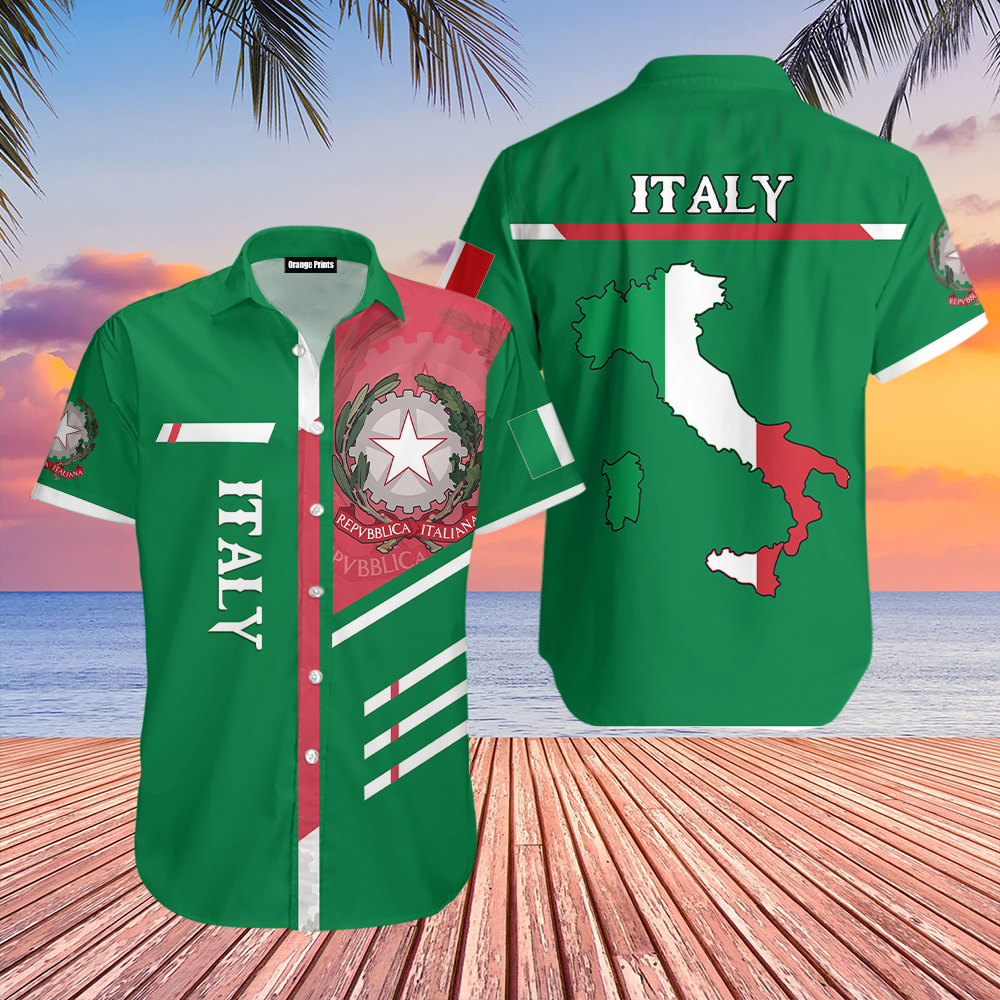 Green Italy Hawaiian shirt, short sleeves, button-up front, large back map graphic