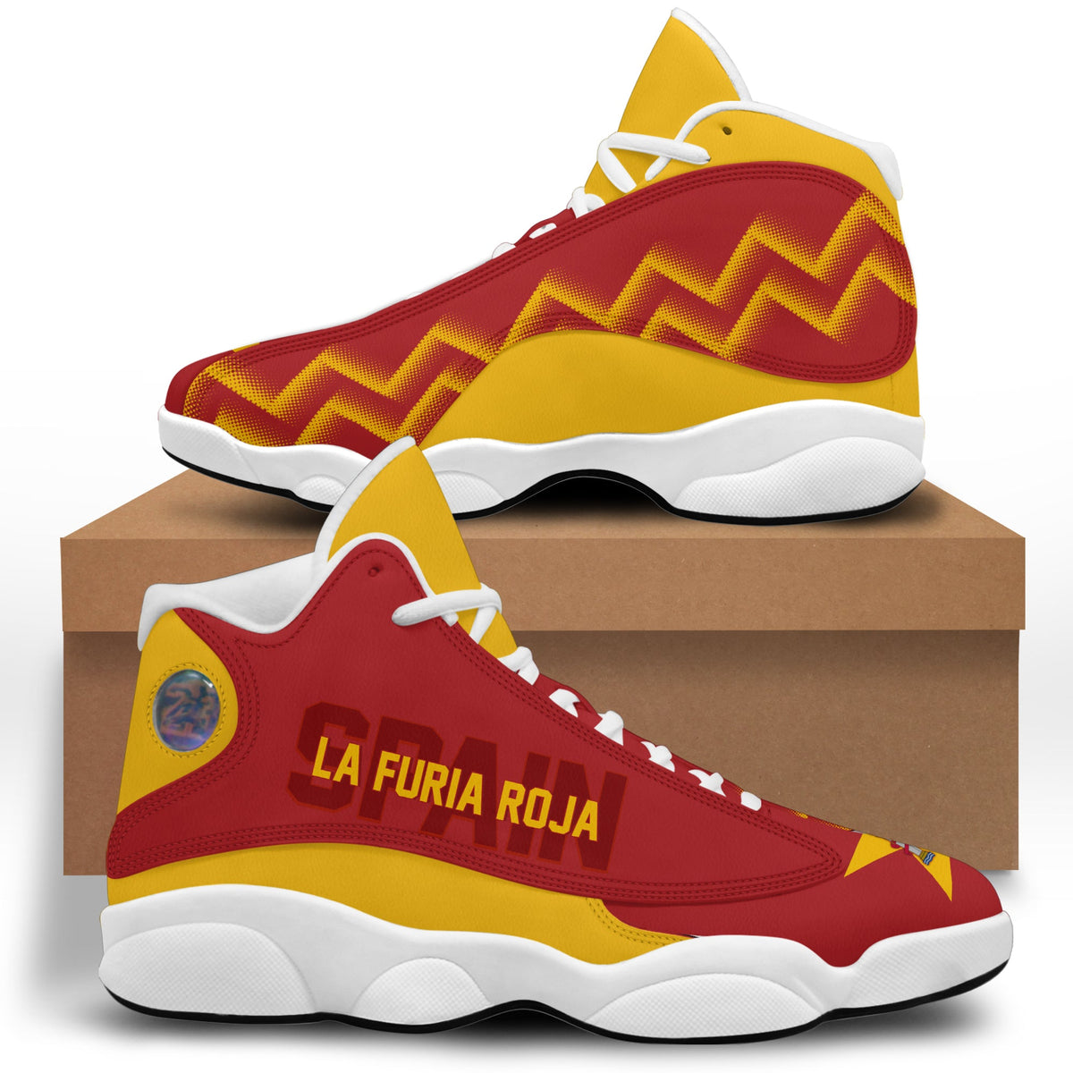 Red high-top sneakers with yellow accents, zigzag panels, white sole