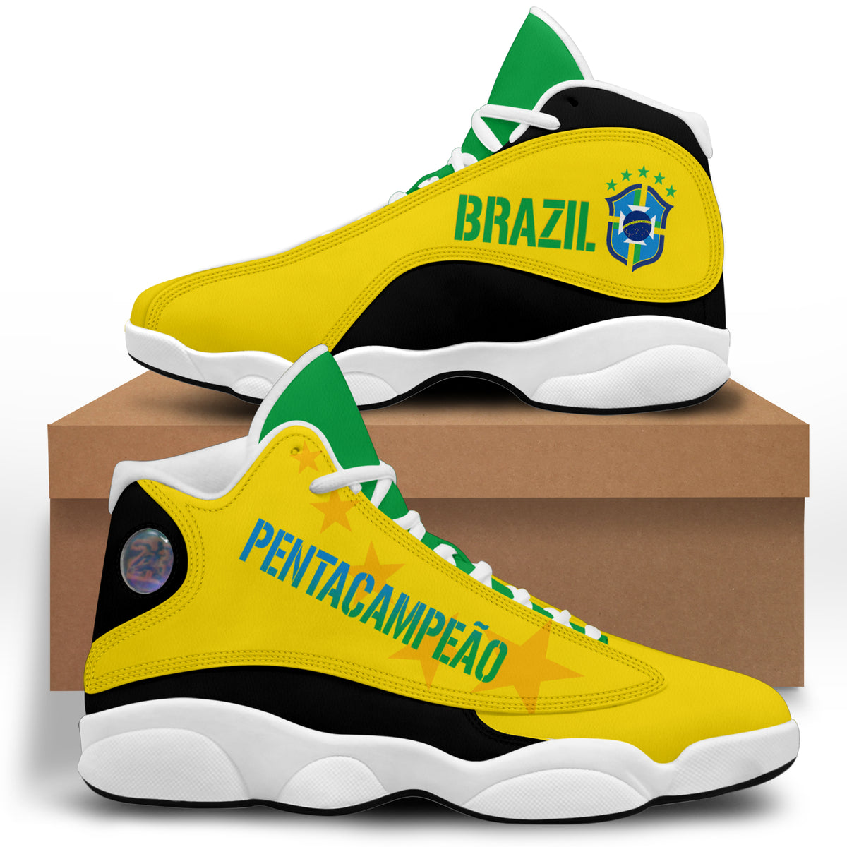 Yellow high-top sneakers with green accents, white/black sole and Brazil crest detail
