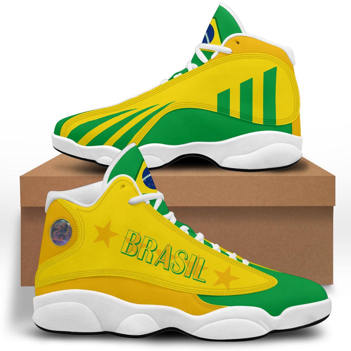 Yellow and green high-top sneakers with white laces, white sole, BRASIL side text