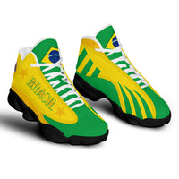 Yellow, green and white high-top sneakers with striped side panels and black sole